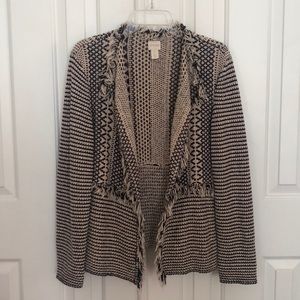 Chico's Tan and Navy Fringed Cardigan
